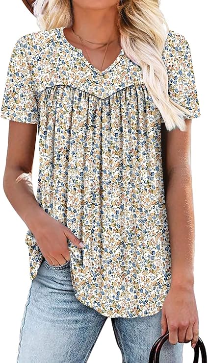 KISSMODA Tops for Womens Summer Cute Short Sleeve Shirts Trendy Notched Neck Blouses Casual Loose Pleated Tunics S-3Xl