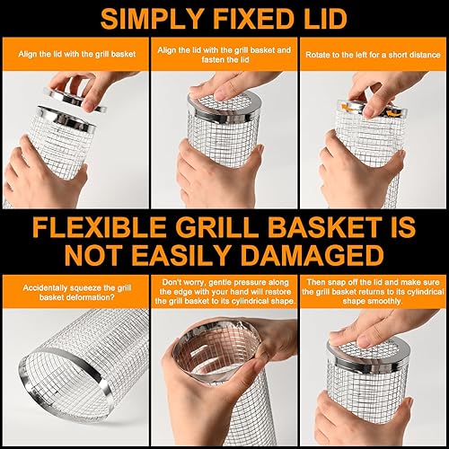 Miniatura 8 de Cestas de parrilla rodantes, 2 unidades, cesta redonda grande para parrilla de barbacoa con tenedores, cilindros de redes de parrilla de acero
