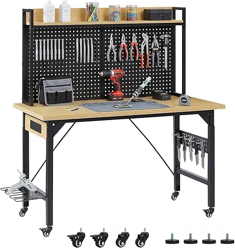 Banco de trabajo de altura ajustable resistente de 48 pulgadas con tablero de clavijas, banco de trabajo de madera de capacidad de 2000 libras