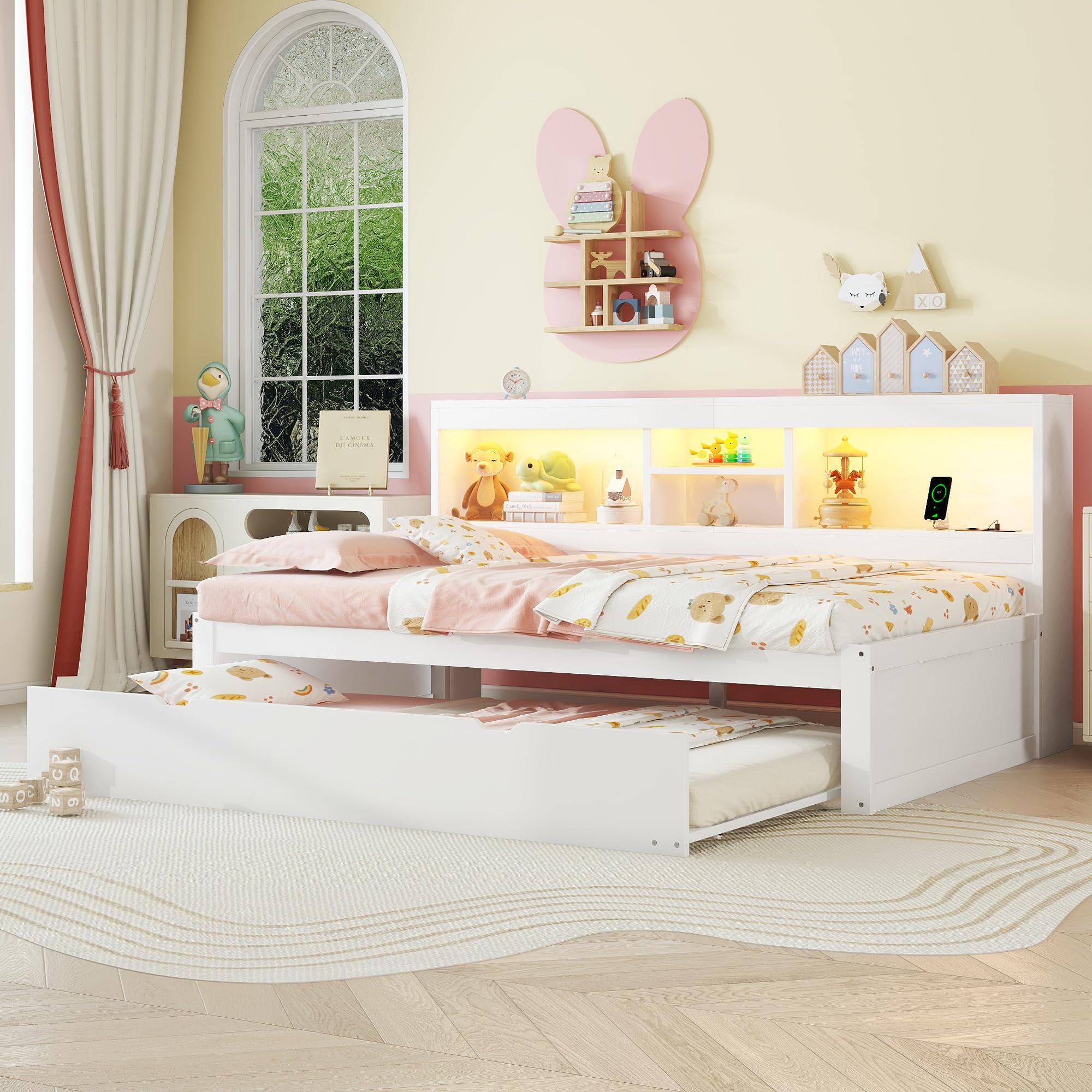 Soweiz Sofá cama, cama de día, iluminación ambiental teledirigida, compartimento de almacenamiento lateral de la cama, cama extraíble, enchufe + USB, sin colchón, camas para niños y niñas (blanco, 90