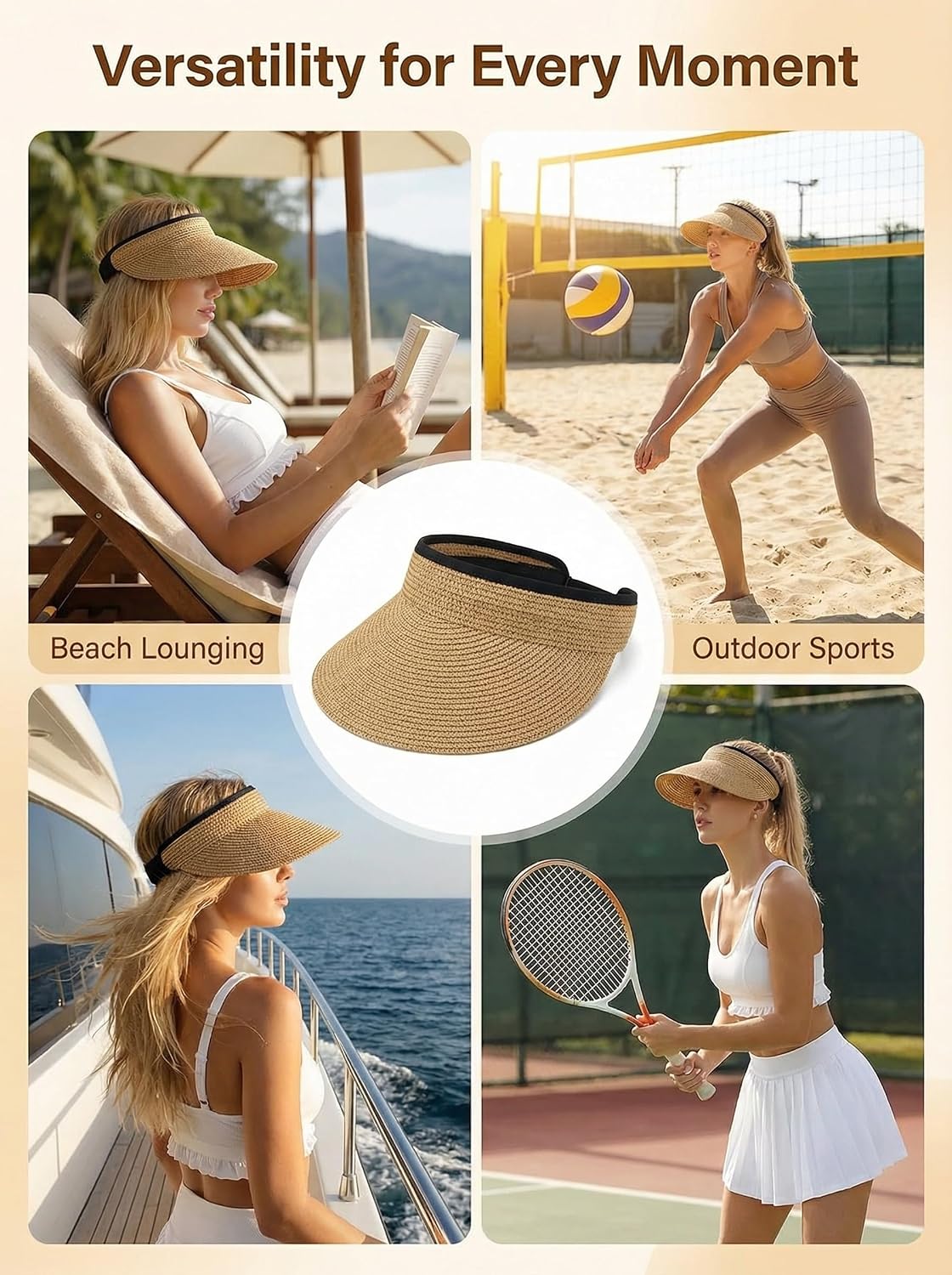 Sun Visor Hat for Women Summer Beach Vacation Essential Ponytail Friendly Travel Foldable Packable UPF 50+