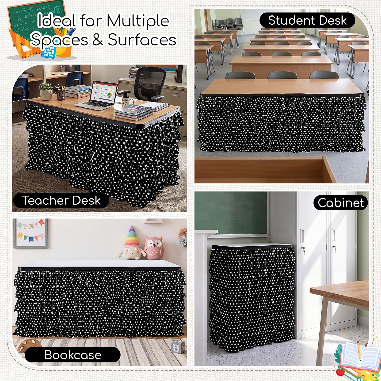 Panelee Table Skirt for Classroom, Black,White, 72×30 Inch, Tutu Ruffled