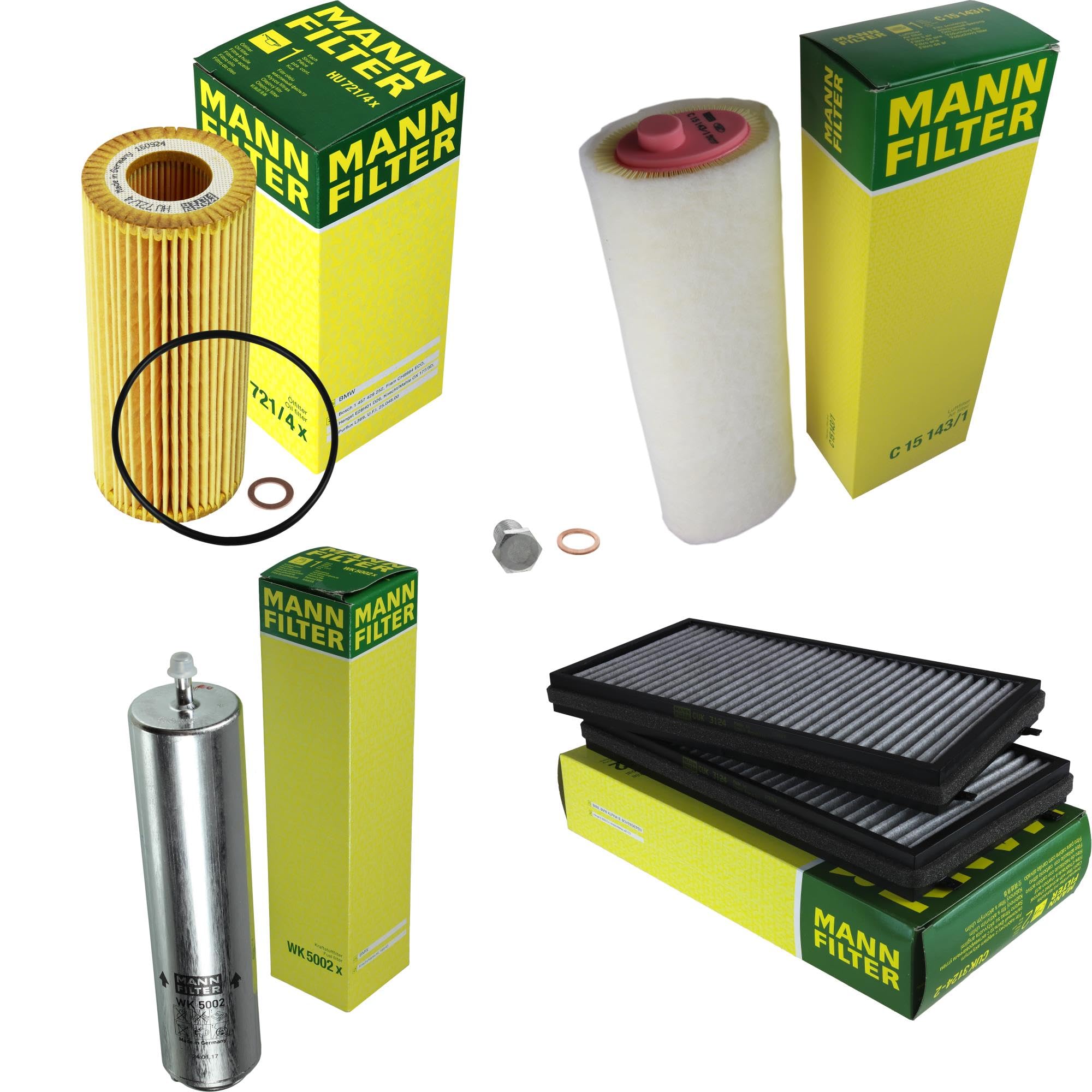 Paquete de inspección Kit de mantenimiento de filtros con filtro de aceite HU 721/4 x, filtro de aire C 15 143/1, filtro de combustible WK 5002 x, filtro de habitáculo CUK 3124-2, tornillo
