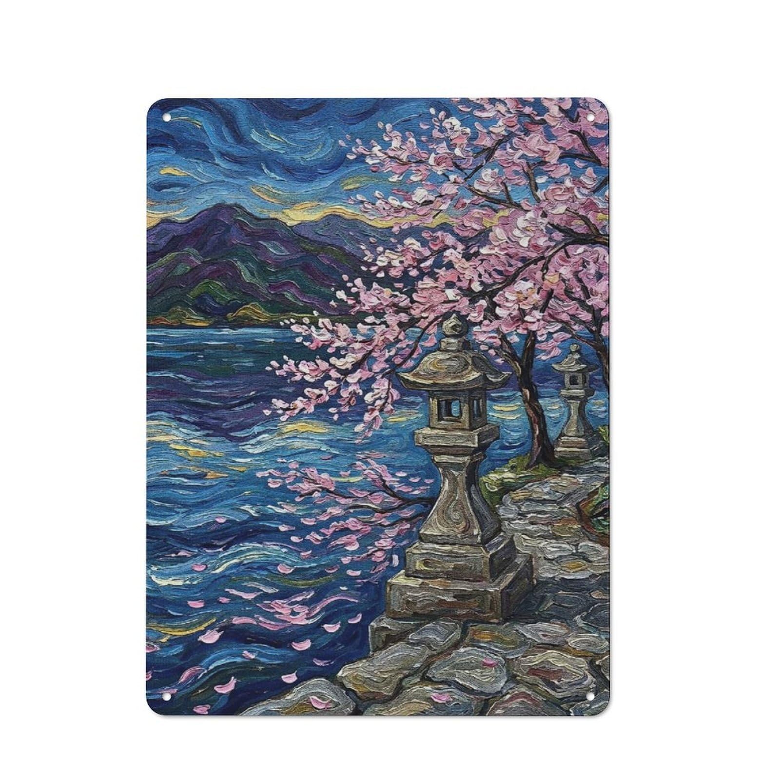 Junmoney Style-23 Cherry Blossoms And Stone Lanterns Painting Retro Metal Wall Decor 40X30cm, Retro Metal Sign For Garage, Hobby Room, Office Or Man Cave