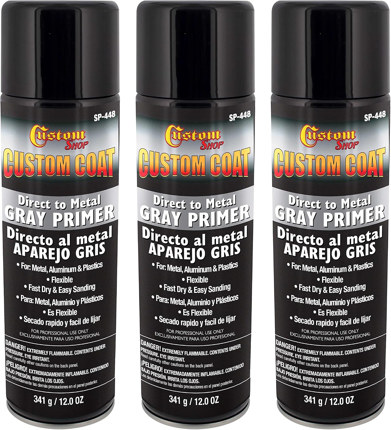 Custom Coat 1K High Build Direct to Metal Primer - 12 Ounce Spray Can - Grey - for Automotive and Industrial Use - Easy Sanding - (Pack of 3)