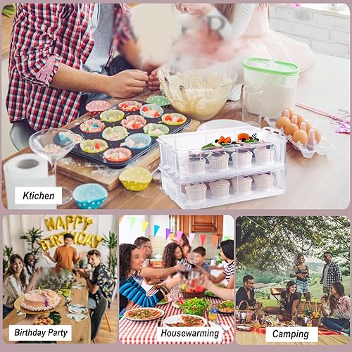 Miniatura 7 de BTSKY Soporte para cupcakes de plástico transparente de 2 niveles con tapa y asas, portador portátil para 24 cupcakes, contenedor de almacenamiento