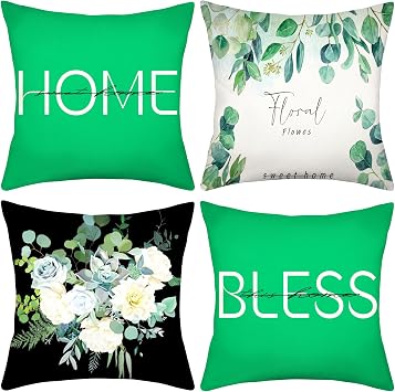 Set of 4 Pillow Covers, Modern Sofa Throw Pillow Cover, Decorative Outdoor Linen Fabric Pillow Case for Couch Bed Car 20 x 20 Inches for Living Room Outdoor Sofa Home Decor Green 1, 20"x20"
