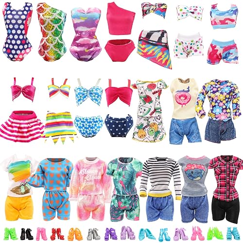 BARWA 10 Sets Doll Clothes Including 5 Bikini Swimsuits 5 Outfit Tops and Pants with 10 Shoes for 11.5 inch Dolls