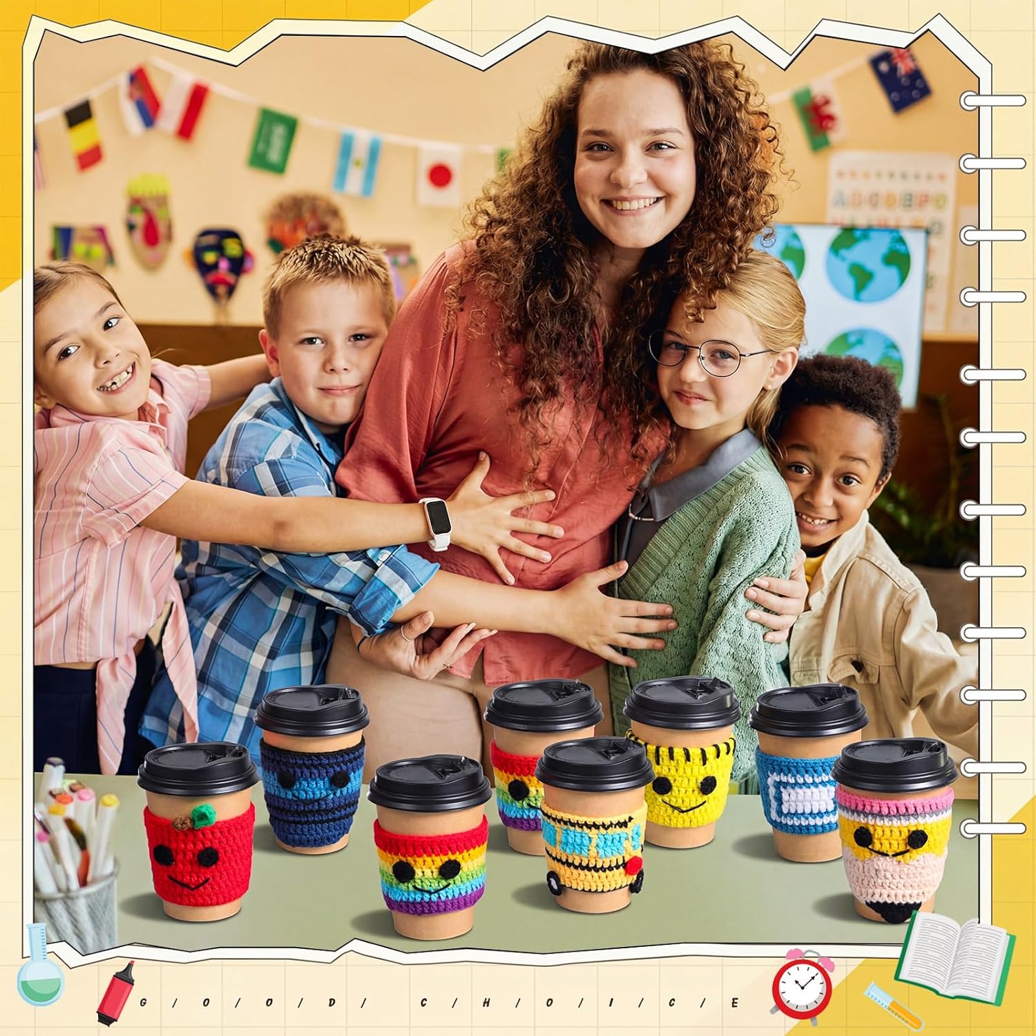 Potchen 9 Sets Teacher Appreciation Gifts Crochet Coffee Mug Cozy Teacher Gifts Bulk Holiday Cup Sleeves with Thank You Cards for School Office Back to School Graduation Party Favors Goodie Bag Filler