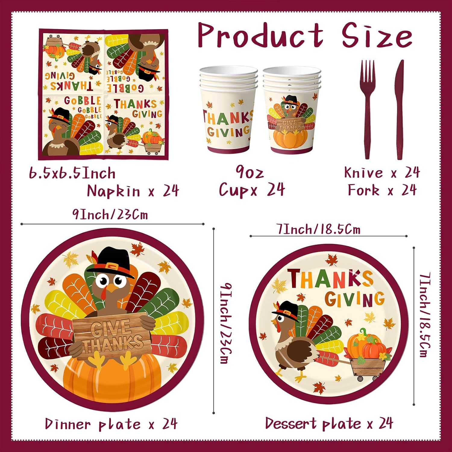 Turkey Thanksgiving Paper Plates and Napkins Party Supplies Kit, Turkey Theme Fall Plates and Napkins for Thanksgiving Party Decorations, Serve 24