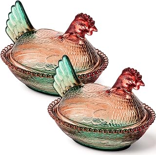 2 Pcs Vintage Glass Hen on Nest Dish with Lid Colorful Crystal Chicken-shaped Large Pedestal Rooster Candy Bowl for Snack, Dessert, Cookie Home Kitchen Tabletop Decor (Green)