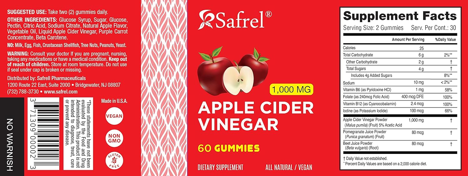 Safrel Apple Cider Vinegar Gummy 60 Count Vitamins B9