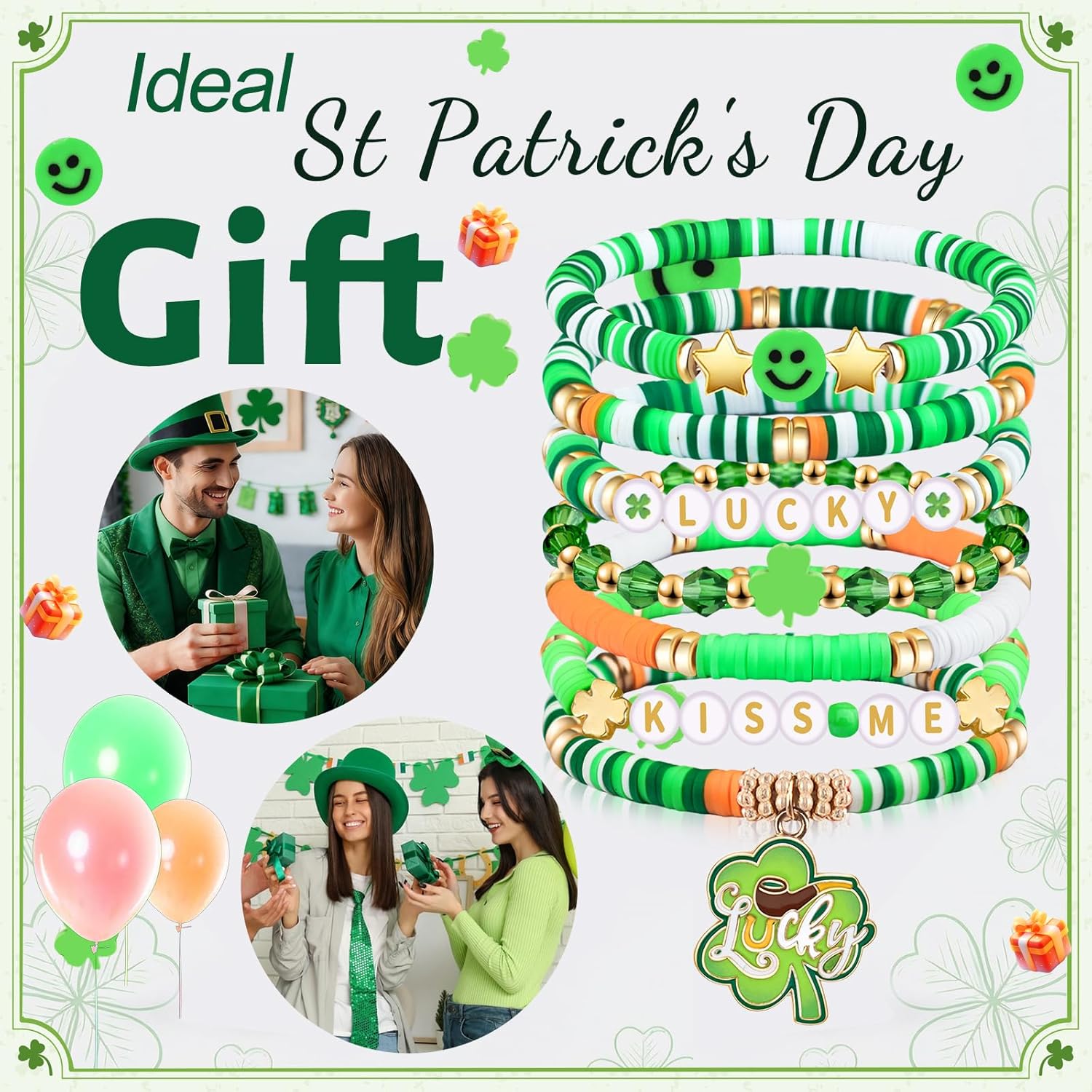 St Patrick‘s Bracelets for Women Men Teens Lucky Kiss Me Shamrock Bead Charms Stretch Bracelets St Patty's Day Gifts Party Outfits Costumes Accessories - Image 7
