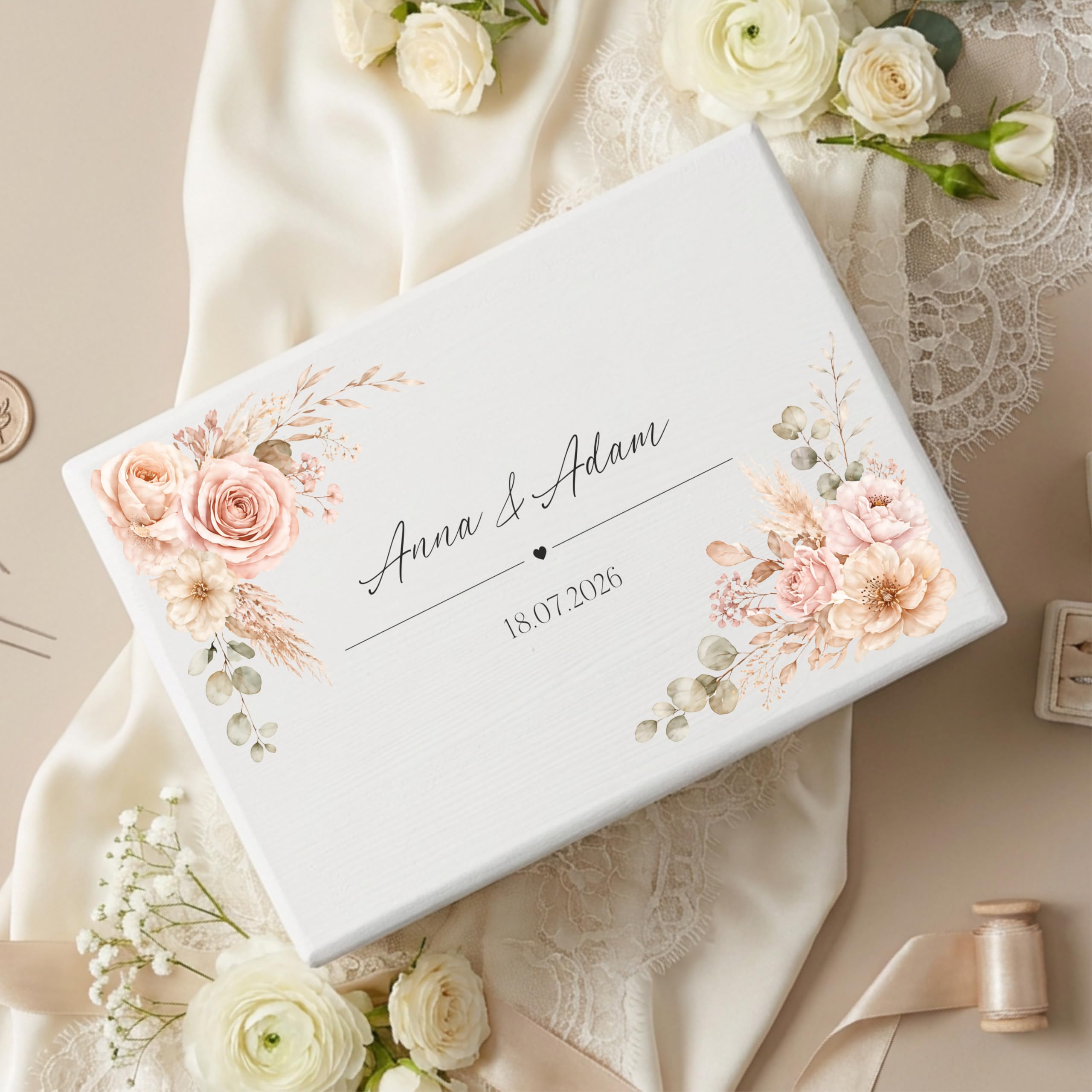 Creative DECO Personalizada Caja de Regalos Originales para los Novios Boda | Regalo Blanca | Caja Madera de Recuerdos Especiales | Parejas Aniversario Matrimonio | Motivo Flores Nombres Fecha