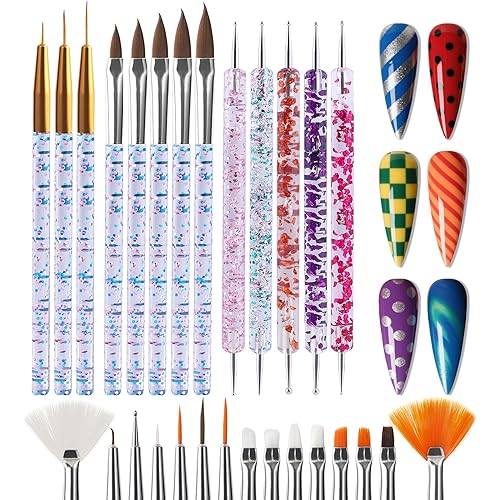 Artdone 28pcs Nail Art Brushes, Nail Art Tool Set, Dotting Tools, Dust Brush,Striping Brushes for Long Lines, Drawing Pen For Gel Polish Design supply