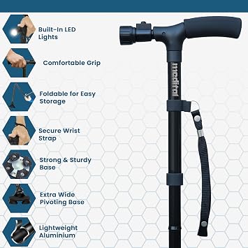 MEDITAL Folding Walking Stick with LED Light - 84.5-94.5cm Adjustable Walking Cane - Foldable Walking Stick for Men & Women with Extra Wide Pivoting Base - Comfortable Grip & Self-Standing Design
