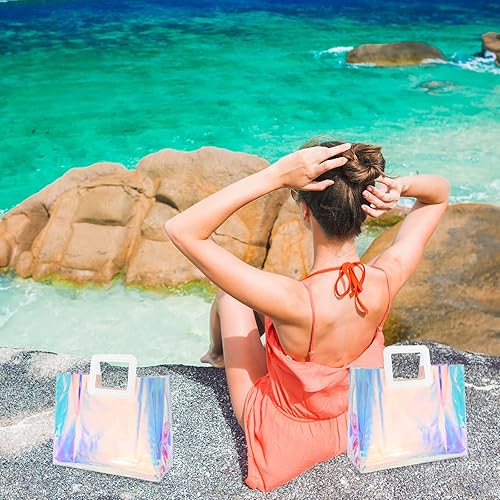 Miniatura 6 de Whaline 10 bolsas de regalo holográficas de PVC de 12.8 x 11.6 x 5.7 pulgadas, bolsas de plástico con asas, bolsas grandes para envolver regalos de