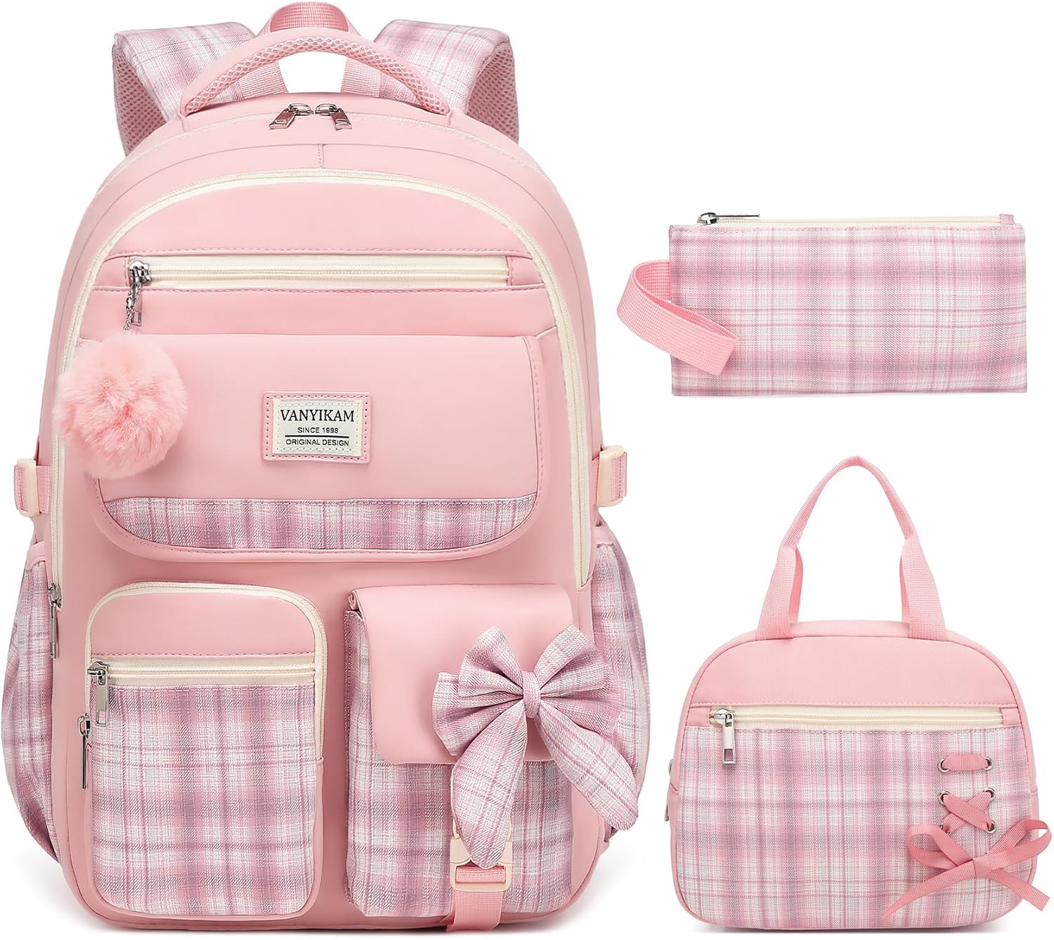 Backpack for School Girls, 3Pcs Kids Cute Bookbag with Lunch Box Pencil Pouch, Student Pack Fits 15.6 Inch Laptop for Teens bag for Kindergarten Elementary Preschool Middle School, Pink Tartan