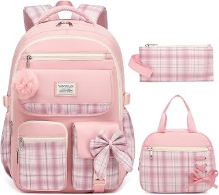 Backpack for School Girls, 3Pcs Kids Cute Bookbag with Lunch Box Pencil Pouch, Student Pack Fits 15.6 Inch Laptop for Teens bag for Kindergarten Elementary Preschool Middle School, Pink Tartan