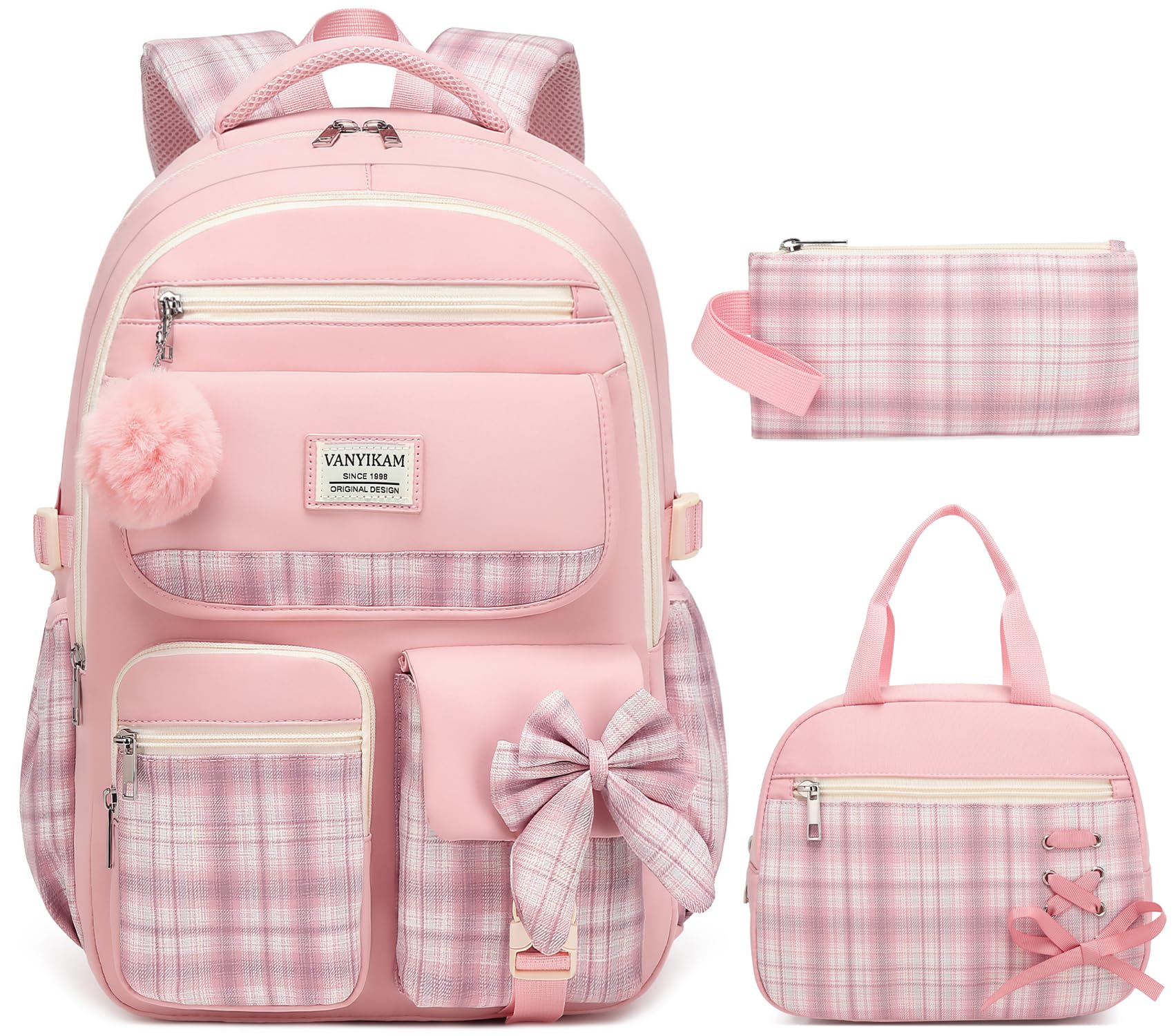 Backpack for School Girls, 3Pcs Kids Cute Bookbag with Lunch Box Pencil Pouch, Student Pack Fits 15.6 Inch Laptop for Teens bag for Kindergarten Elementary Preschool Middle School, Pink Tartan