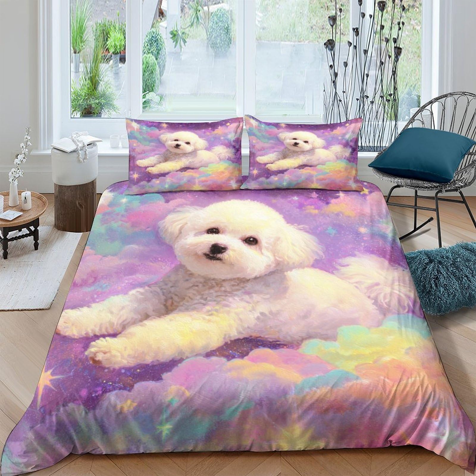 Ctjqhvkz Style-10 3D Printed White Puppy Fitted Sheet Microfiber Soft Colourful Clouds Bed Cover For Bedroom Guest Room Dorm Mattress Decor Single（135X200cm）