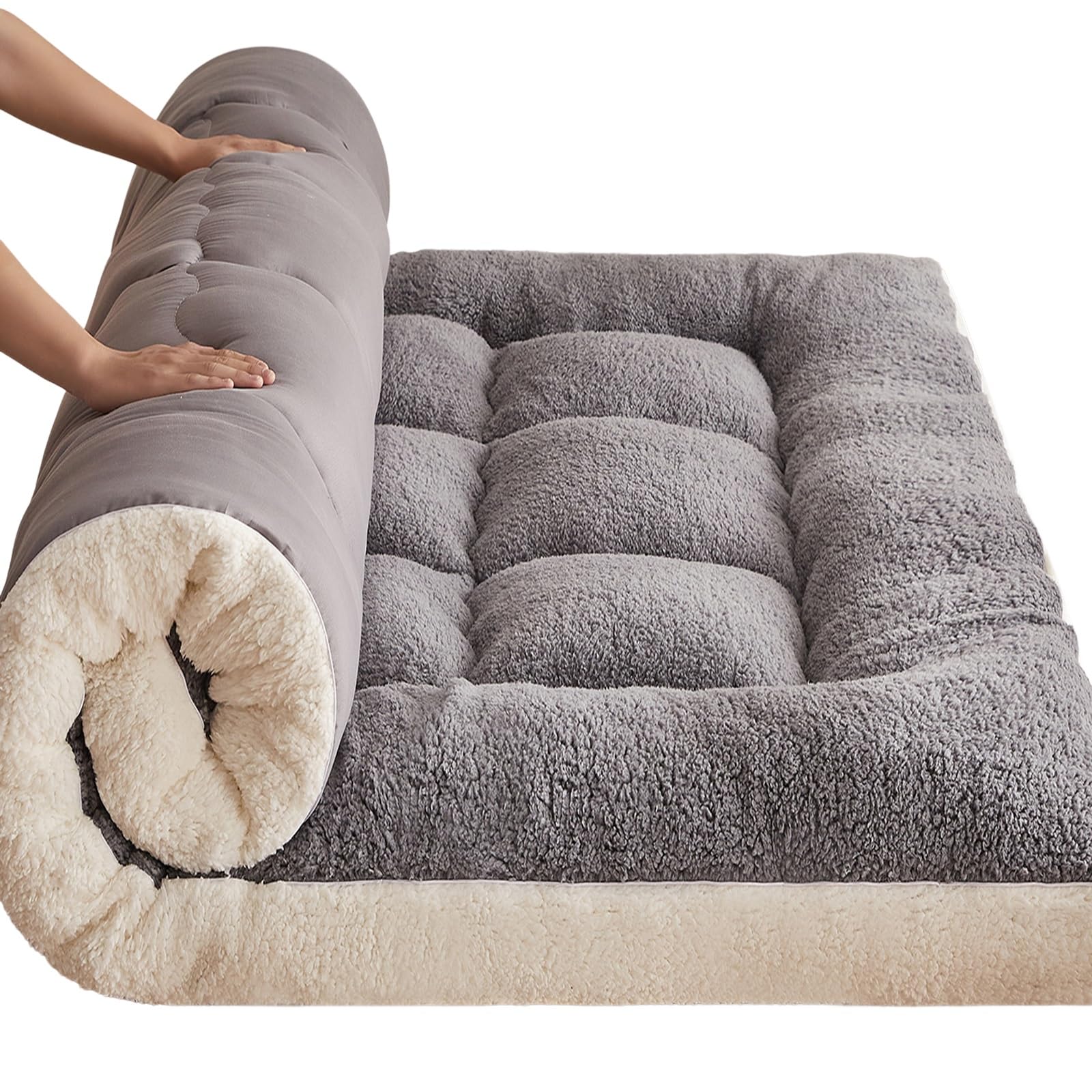 Futon 2 places et 1 place, matelas futon pliable, épais 5 cm, pliable et enroulable, futon japonais souple, en polyester et peluche polaire, pour lits, canapés, camping et invités(Gray,180 x 200 cm)