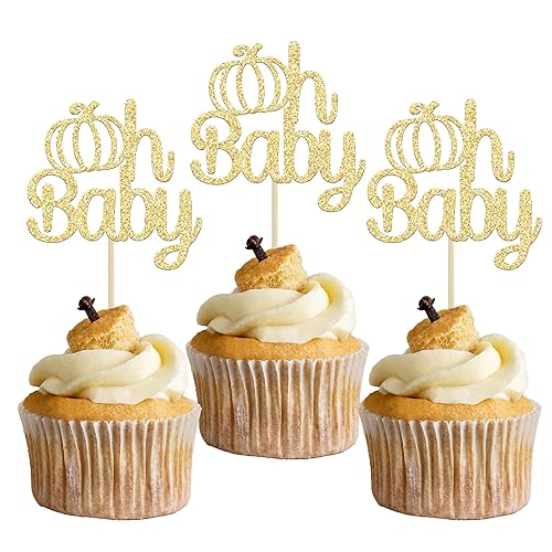 Miniatura 20 de Gyufise 24 piezas de calabaza Oh Baby Cupcake Toppers Glitter Boy Baby Shower Calabaza Cupcake Picks Baby Feet Decoraciones para pasteles temáticos