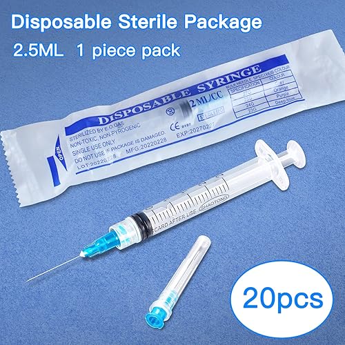 Miniatura 25 de Jeringa desechable de 0.1 fl oz con aguja, envuelta individualmente (23Ga 0.984 in/1.0 pulgadas, paquete de 20)