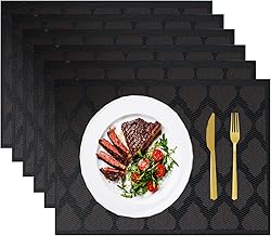 CLrkualn Placemats Set of 6, Heat Resistant Place Mats, Washable PVC Table Mats 18''x 12'', Easy to Clean Non-Slip Stain Resistant Woven Placemats for Indoor Outdoor Dining Kitchen Table (Black)