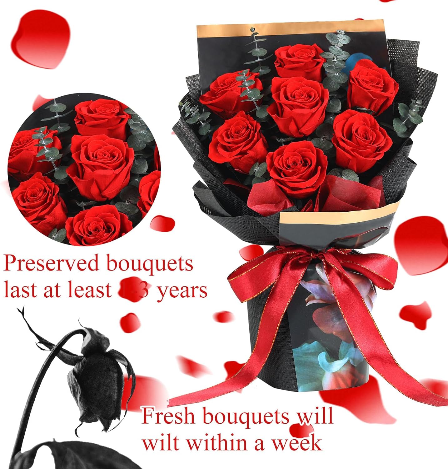 Preserved Flowers Bouquet 7 Roses, Forever Flower for Delivery Birthday Anniversary Wedding, Eternal Real Roses Bouquets with Gifts Box for Women Wife Mother Day, Red - Image 8