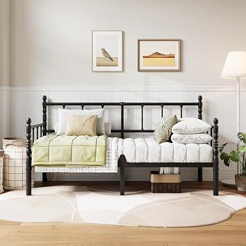 14 Inch Black Classic Twin Daybed - Heavy Duty Metal Platform Sofa Bed Frame with Headboard, No Box Spring Needed, Multi-Functional Day Bed Couch for Living Room, Guest Room, Small Space
