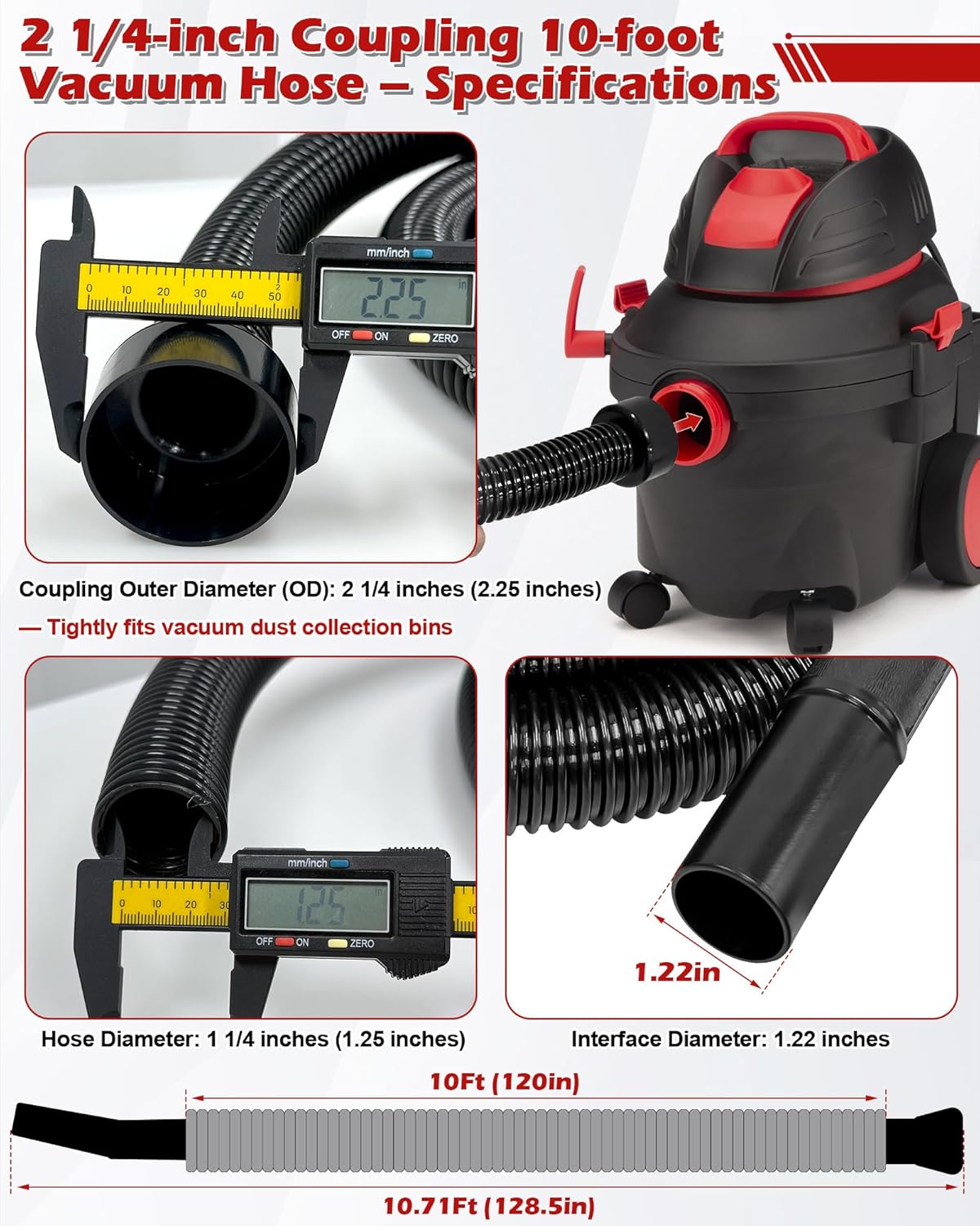 IWIWE 10FT Vacuum Hose Replacement - 2-1/4" Cuff × 1-1/4" Dia - Compatible with Shop-Vac, Craftsman 17761/17967/17965, Ridgid WD650/WD0950/WD06350 Wet Dry Vacs–Upgraded: Better Seal, Higher Durability