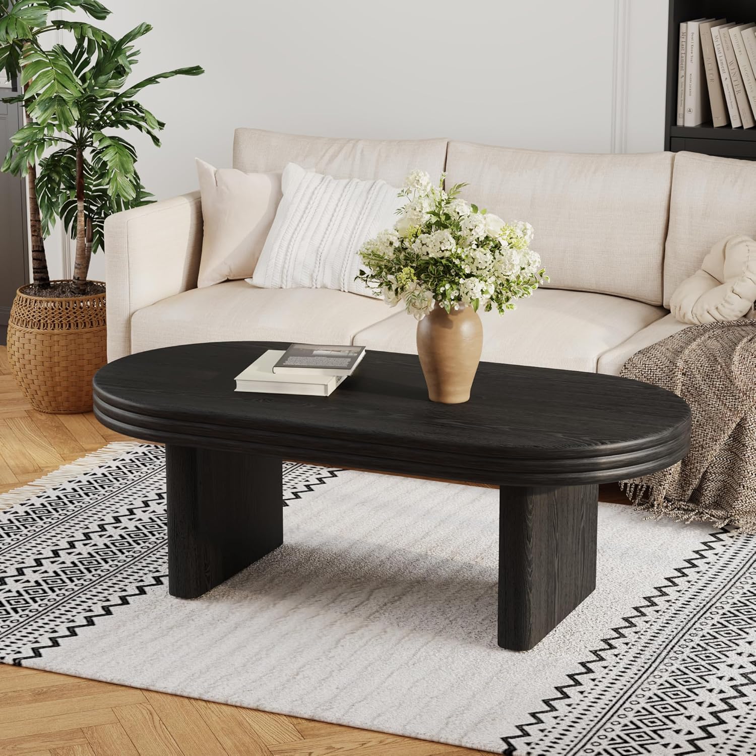 Farmhouse Coffee Table, 47 Inches Wooden Oval Accent Center Tables with Thick Base, Modern Low Cocktail Tea Furniture for Living Room, Apartments