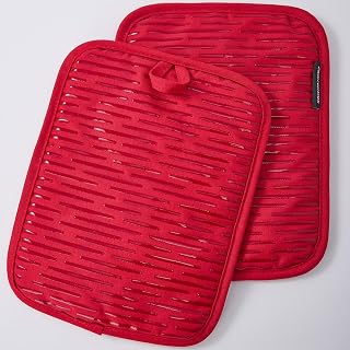 2 Pack Pot Holders for Kitchen, 7 x 9 Inch Cotton and Non-Slip Silicone Potholders Heat Resistant, Oven Cooking Hot Pads Pan Holder (Red)