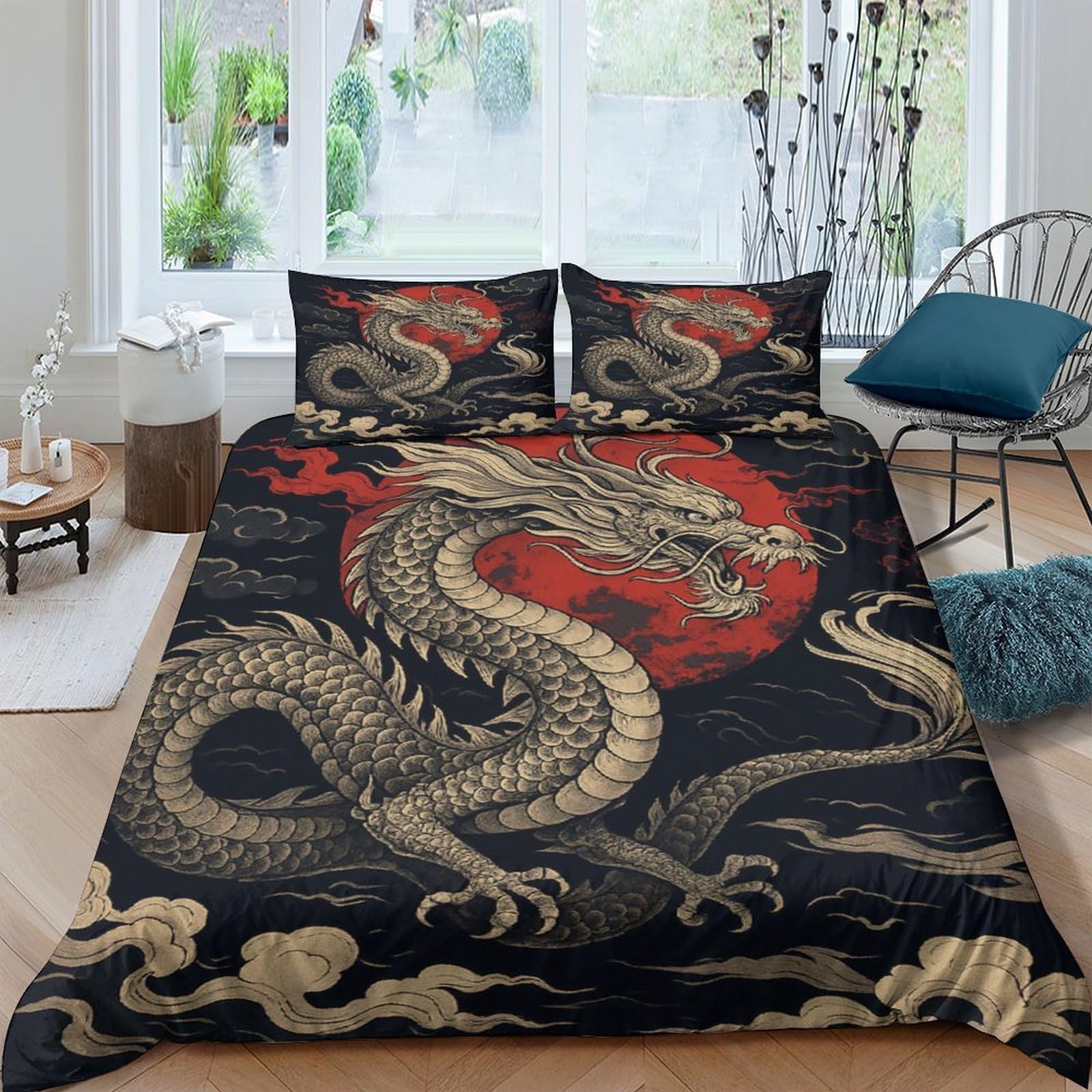 Ctjqhvkz Style-3 3D Printed Golden Dragon Fitted Sheet Microfiber Soft Black Red Oriental Myth Mattress Cover For Bedroom Guest Room Decor Single（135X200cm）