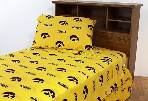 College Covers Everything Comfy Iowa Hawkeyes - Juego de sábanas de 3 piezas, tamaño individual XL, fondo del color del equipo, 1 sábana encimera, 1