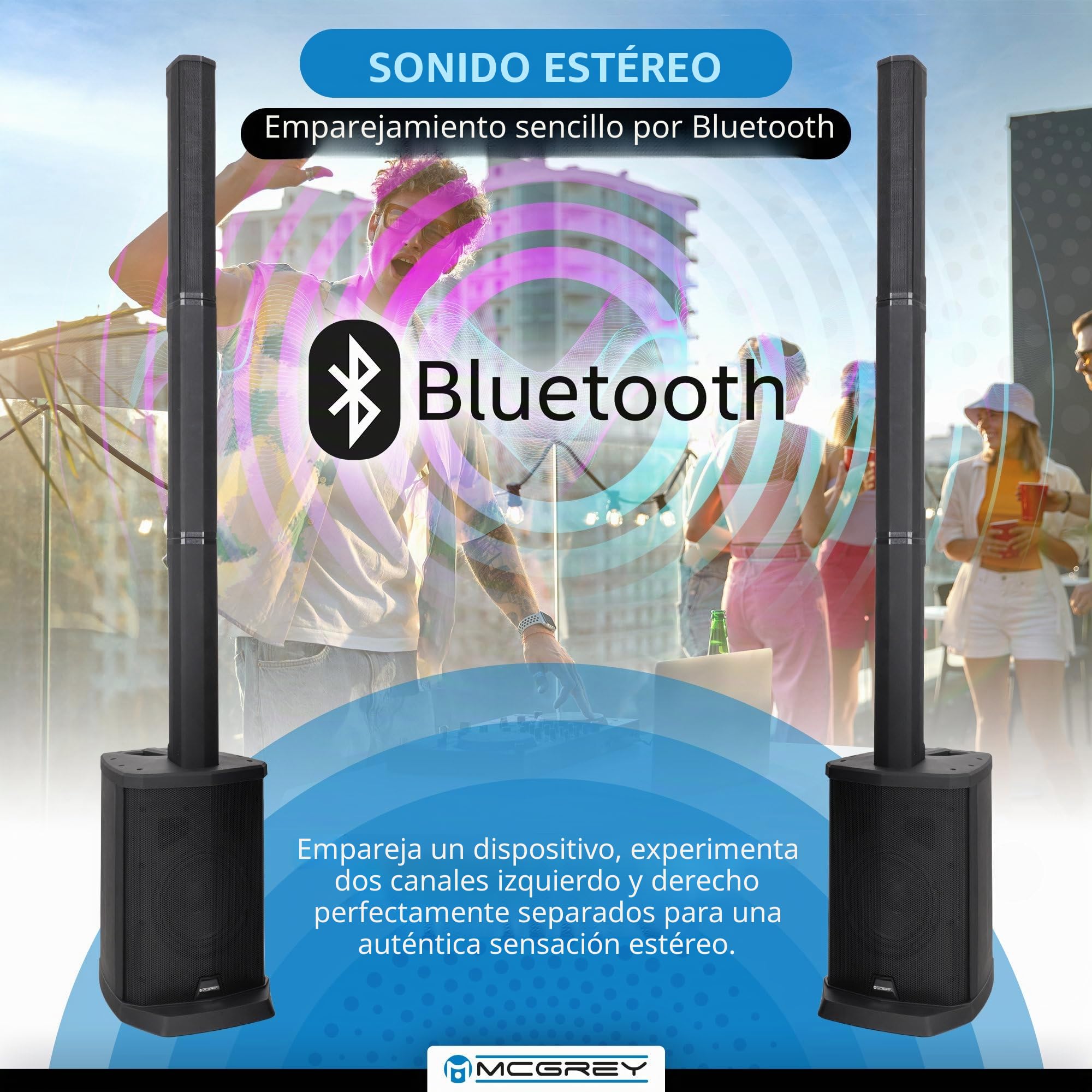 McGrey E-208LA Altavoces de Columna Activa Line Array - Slim Line Sistema PA - 100 vatios - Subwoofer de 8" - 4 Altavoces Full Range de 2,5" - Reproductor Multimedia USB/SD/Bluetooth - Negro