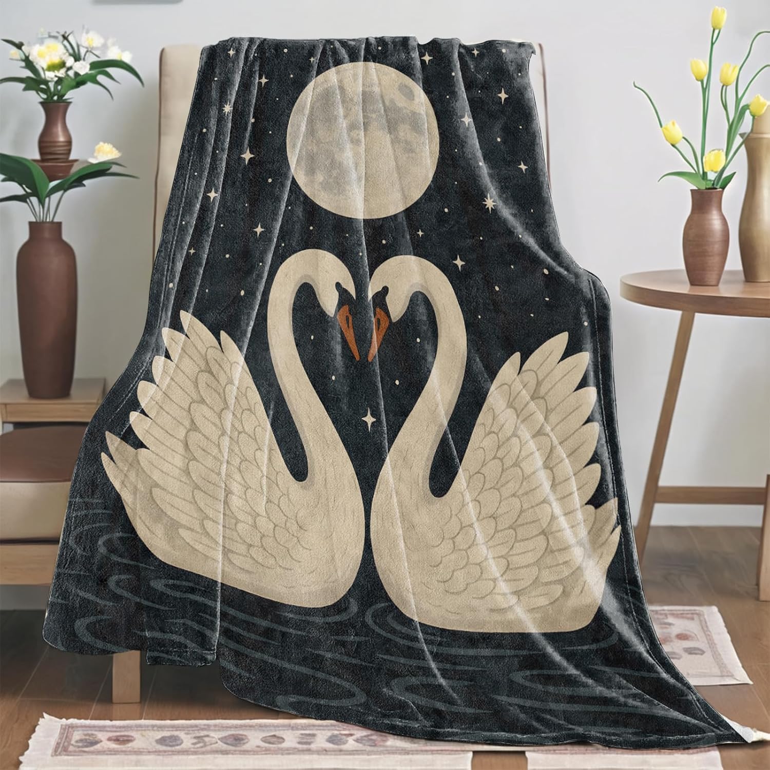 Swan Gifts, White Swan Moon Blanket for Girls Kids Women, Cozy Warm Flannel Throw Blankets for Bedroom, Travel, Couch, Home Decor, 50x60 in - Image 2