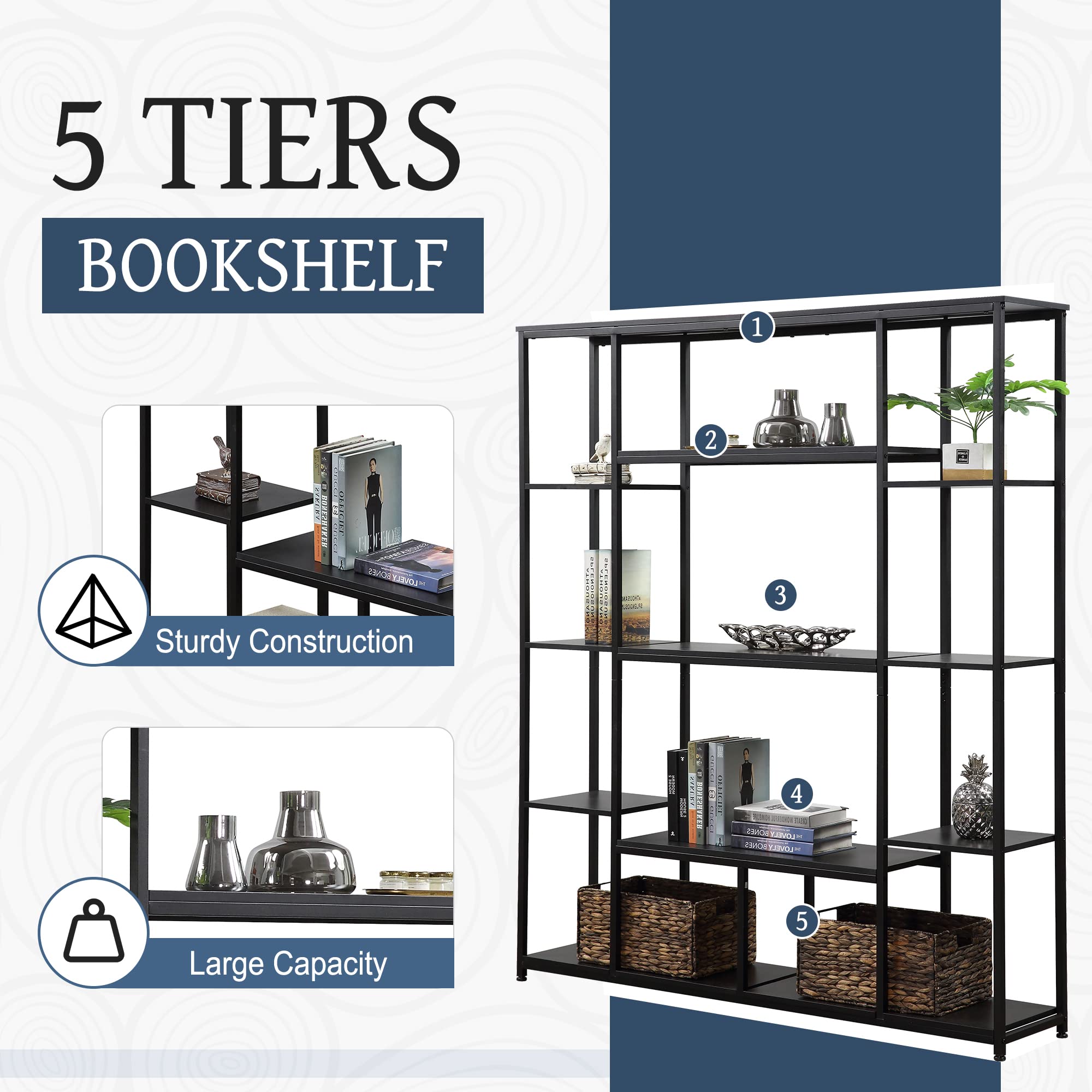 Estantería de 5 niveles, estantería alta industrial, estante de almacenamiento rústico independiente para sala de estar, dormitorio y oficina en casa, marco de metal, muebles de decoración de exhibición 5