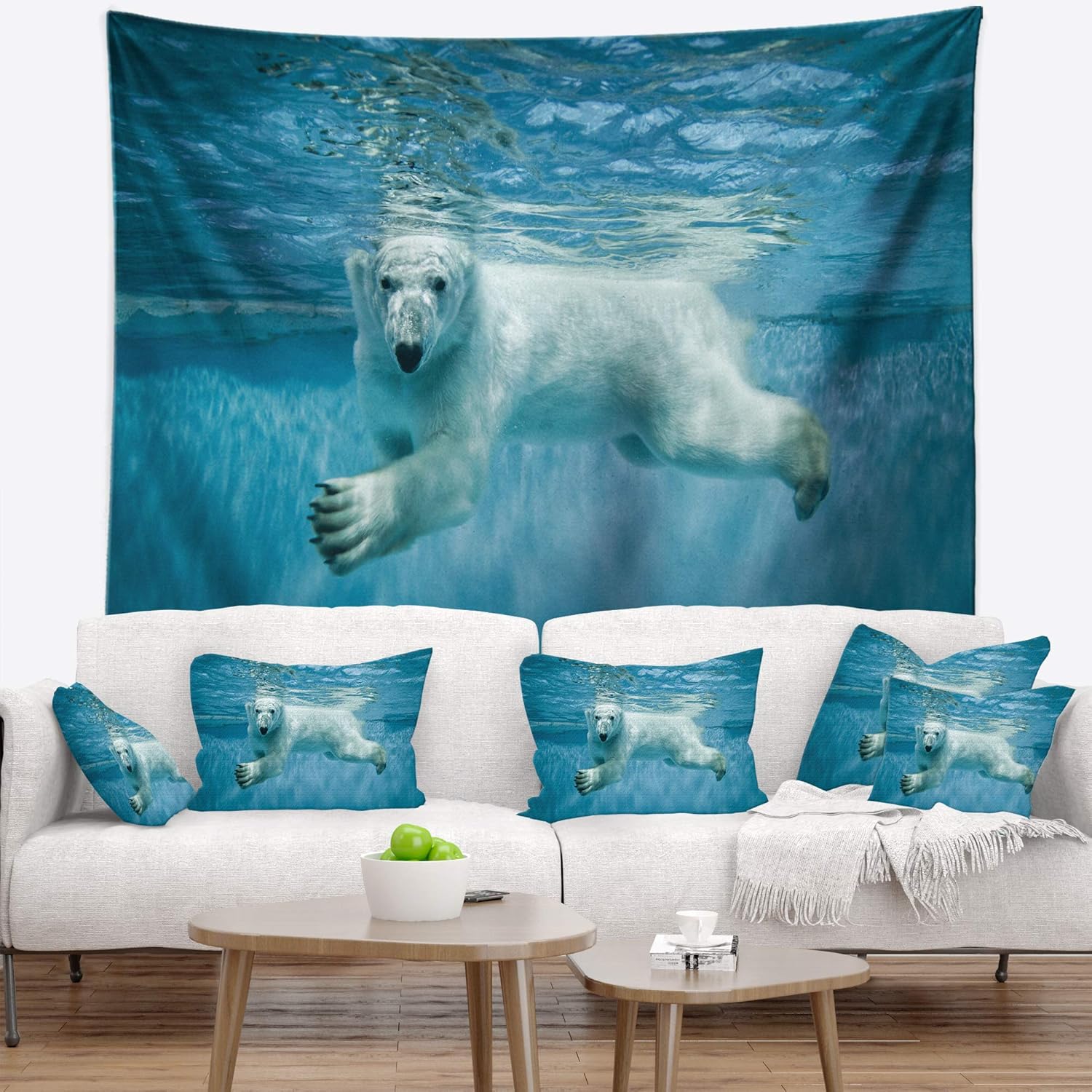 Designart ' Polar Bear Swimming Under Water' Animal Tapestry Blanket Décor Wall Art for Home and Office x Large: 92" x 78"