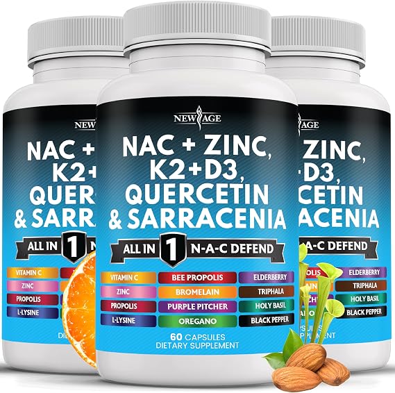 NEW AGE NAC Supplement N-Acetyl Cysteine- with Vitamin D3, K2, Zinc, Quercetin, Triphala, Sarracenia Purpurea, Elderberry, Holy Basil, Bee Propolis, Bromelain, L-Lysine - 180 Count