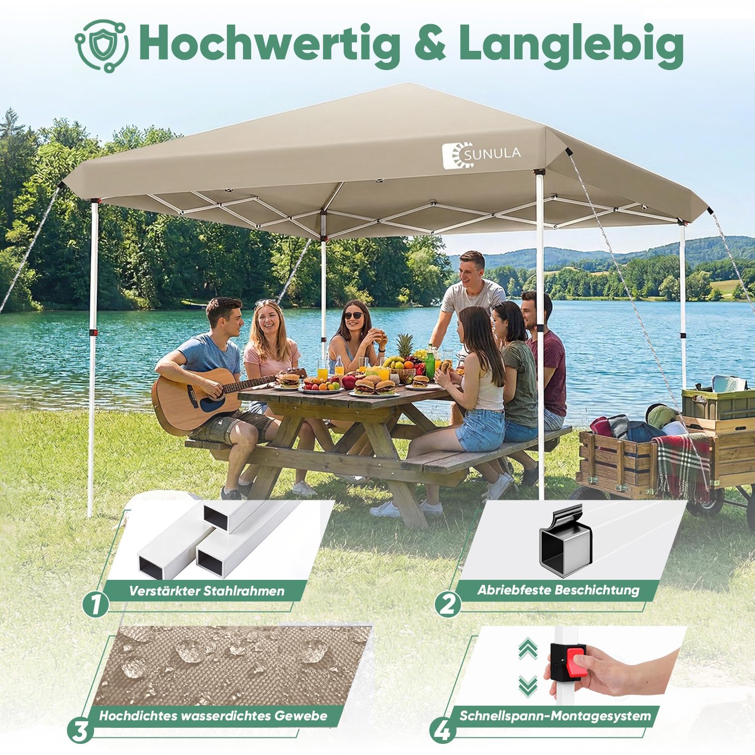 Sunula Pavillon 3x3 Wasserdicht Stabil Winterfest, Faltpavillon 3x3m mit Verdickten Röhren, Partyzelt Pavillion Klappbar für Camping Festival Party, Khaki