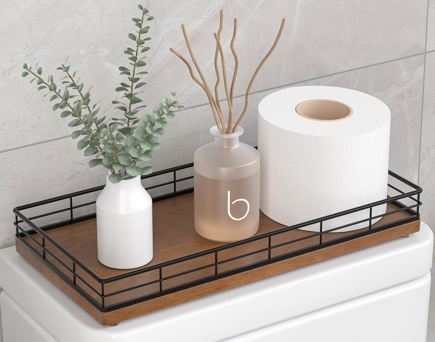 Toilet Paper Basket Organizer – Oak Wood Toilet Tank Tray with Metal Frame, Back of Tank or Top Bathroom Counter Storage – Black & Brown Modern Decor Black & Brown 13" x 6.5" x 2"