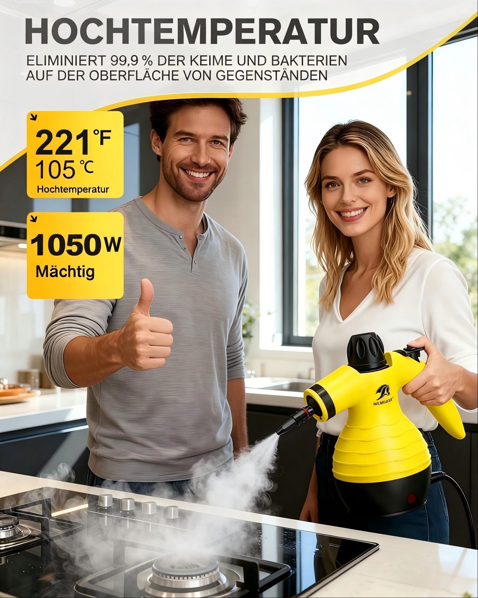 MLMLANT Dampfreiniger Handgerät, Handdampfreiniger Mit Sicherheitsverriegelung und 9-teiligem Zubehörset, geeignet für Teppiche, Autositze, Sofas, Polstermöbel und mehr.