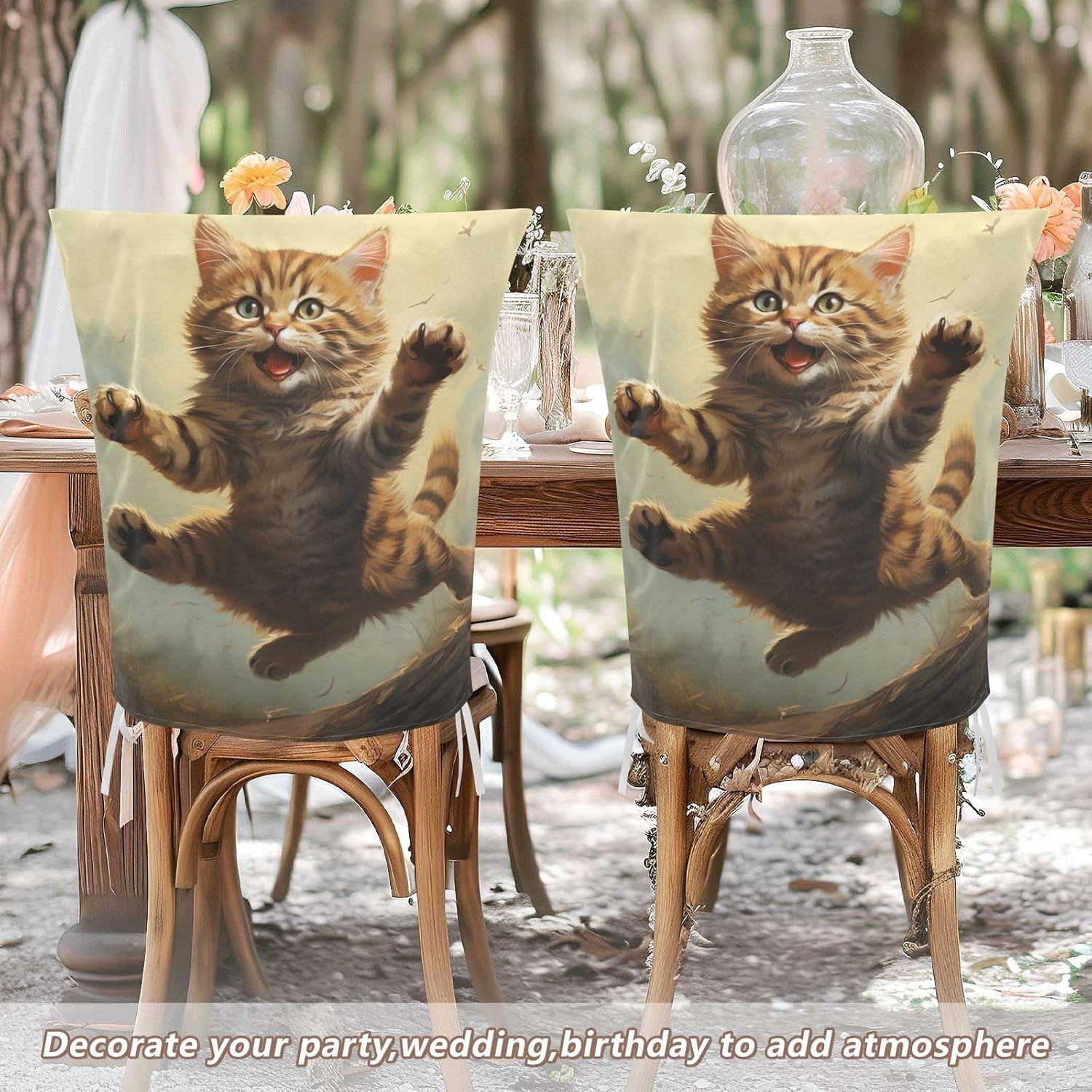 ALAZA Happy Jumping Cat Chair Back Cover Set of 6, Washable Reusable Removable Chair Slipcovers Decorative Chair Cover for Home Kitchen Wedding Party