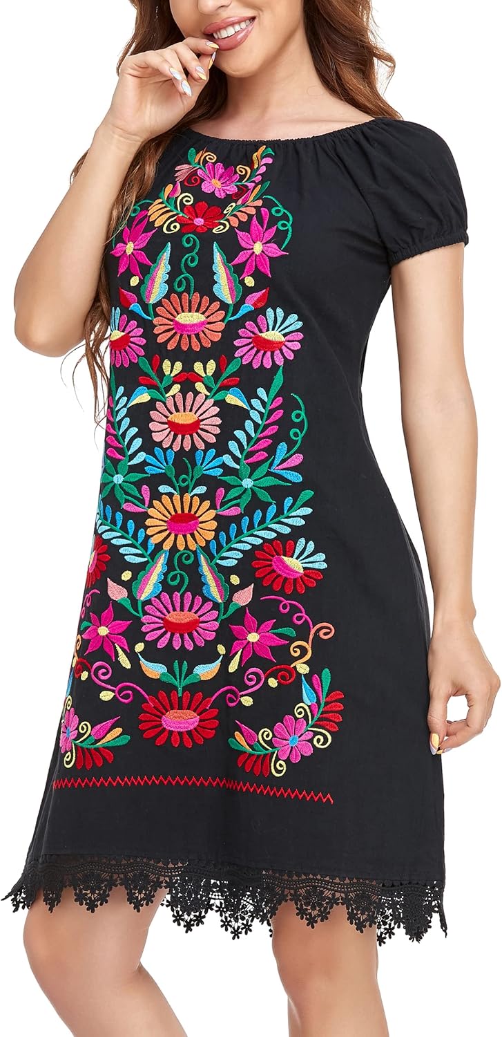YZXDORWJ Women Mexican Embroidered Dress Casual Loose Bohemian Floral Dress Short Sleeve Long Maxi Summer Beach Swing Dress - Image 4