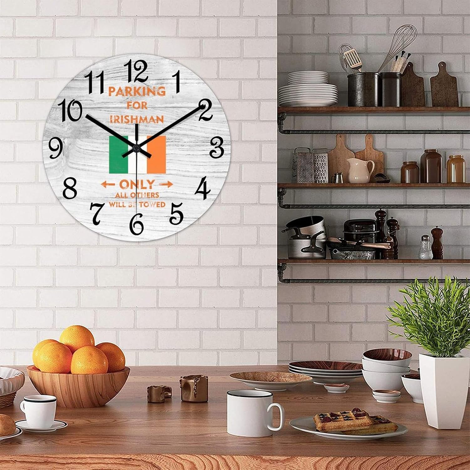 Ireland Flag Wooden Wall Clock Parking for Irishman Only All Others Will Be Towed Hanging Wall Clock Battery Operated Non-Ticking Sweep 15 Inch Rustic Chic Farmhouse Wall Clock For Wall Laundry