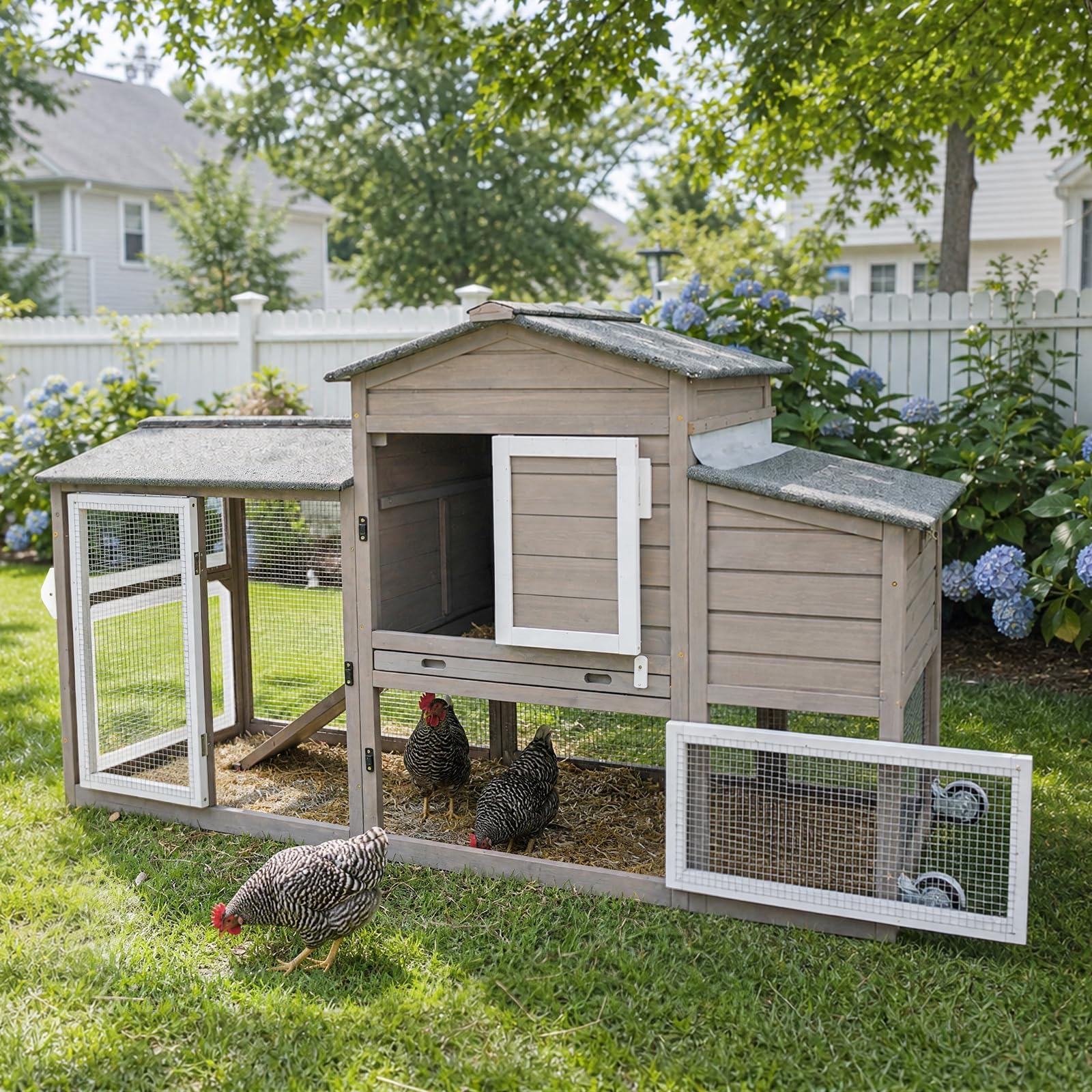 Ketive 69インチ 鶏小屋 大型木製鶏トラクター 車輪付き 防水 屋外 鶏小屋 家禽ケージ 裏庭 鶏小屋 ラン 敷設ボックス 安全な囲い (フラットルーフ)