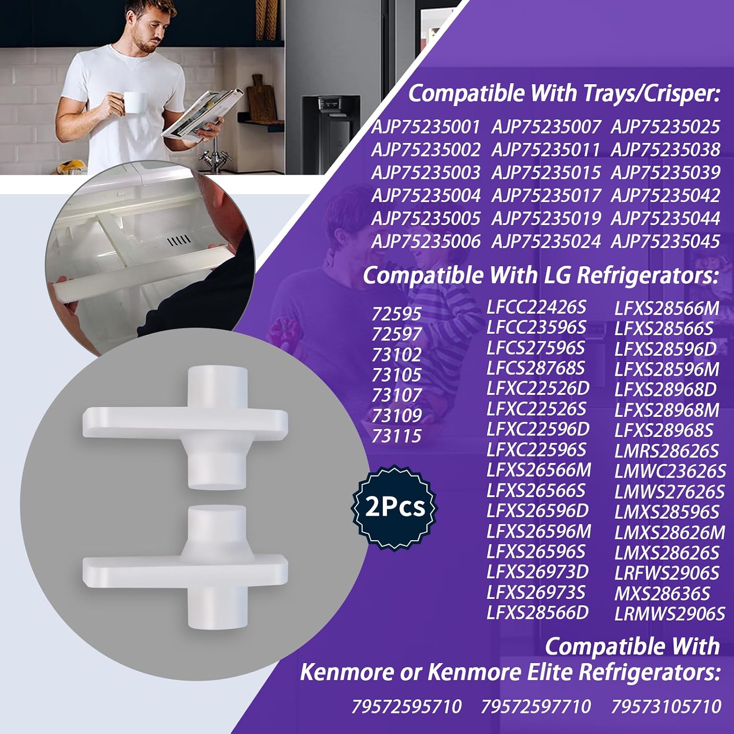 XTPTFABS MCR620965 2Pcs Refrigerator Vegetable Tray Crisper Drawer Wheel Mounts Compatible With LG, Kenmore and Kenmore Elite Refrigerator Tray/Crisper (2)