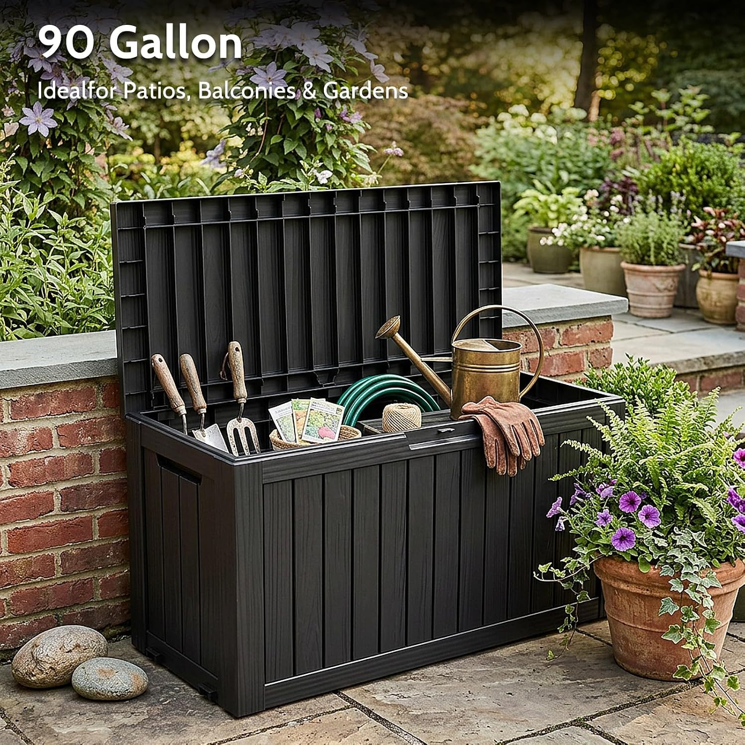 90 Gallon Deck Box Outdoor Storage Box Waterproof for Patio Furniture,Outdoor Cushions,Garden Tools and Pool Supplies,Lockable, Resin and Easy to Install Black